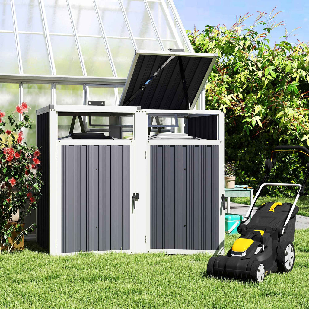 Outsunny 2-Section Garbage Can Shed with Lift-Off Lid, Galvanized Steel, 146x81x122 cm, Dark Grey