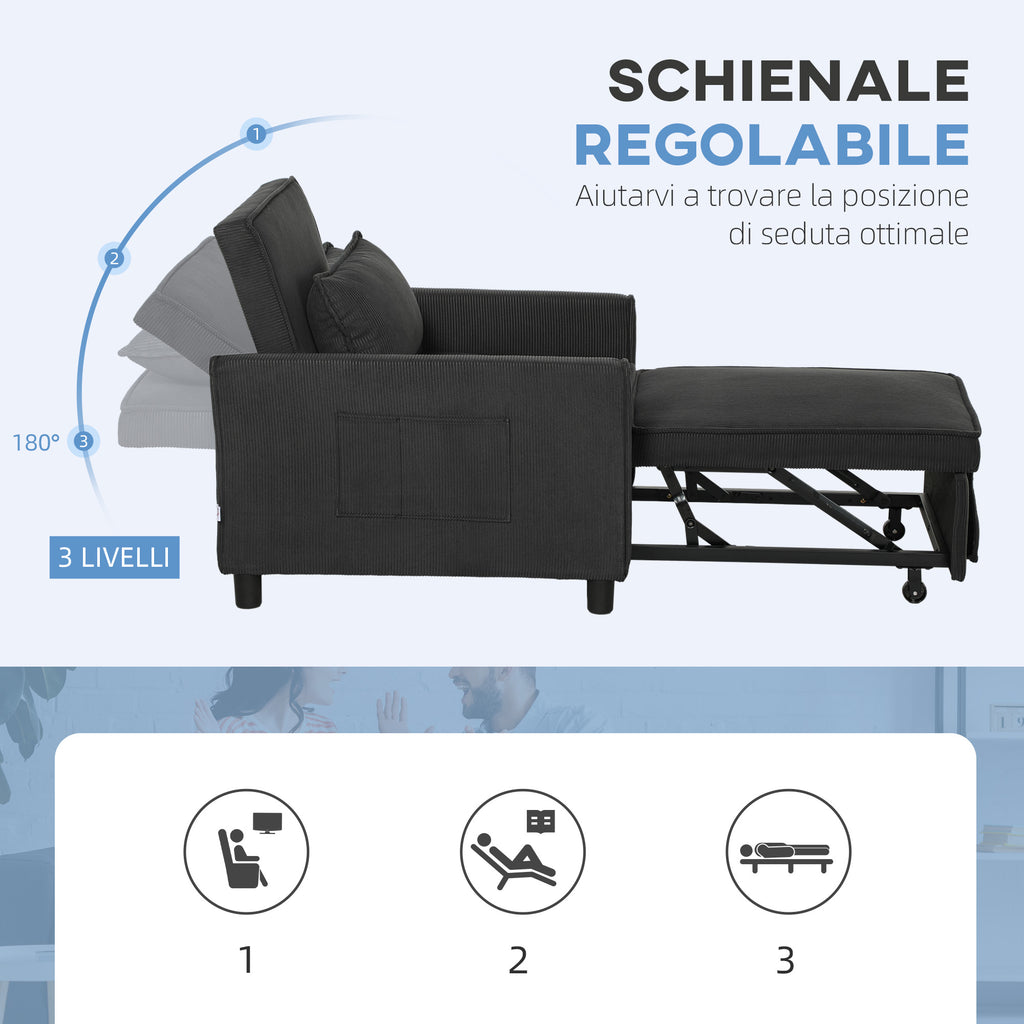 Reclining Armchair Bed with Side Pockets, in Velvet Effect Fabric, 74x84x81 cm, Dark Gray