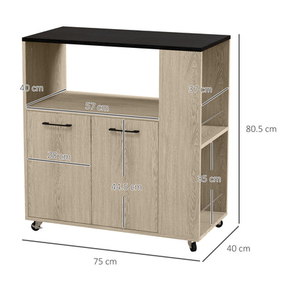 HOMCOM Chipboard Kitchen Trolley with Open Shelf, 2-Door Cabinet and Side Shelf, 75x40x80.5 cm