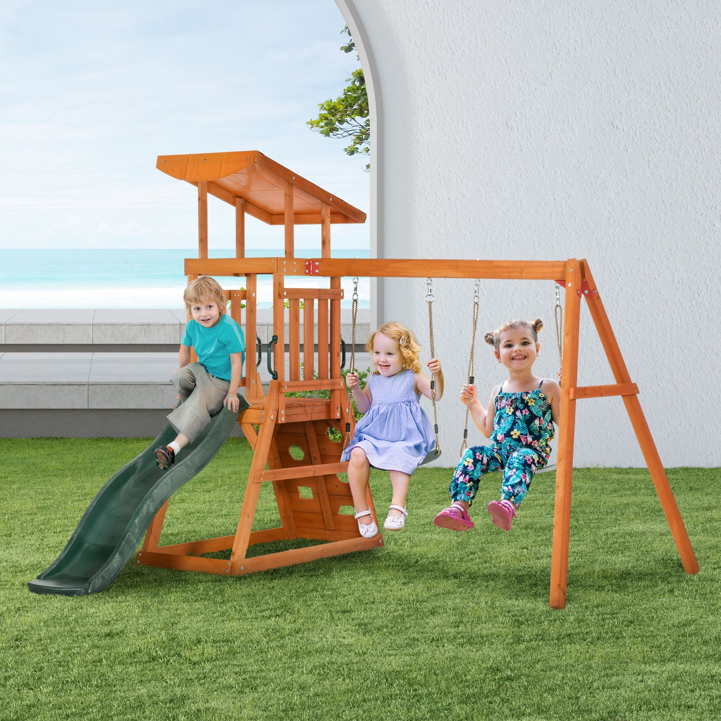 Playground set with slide, 2 garden swings and wall climbing wall for children age 3-8 years - Borgè