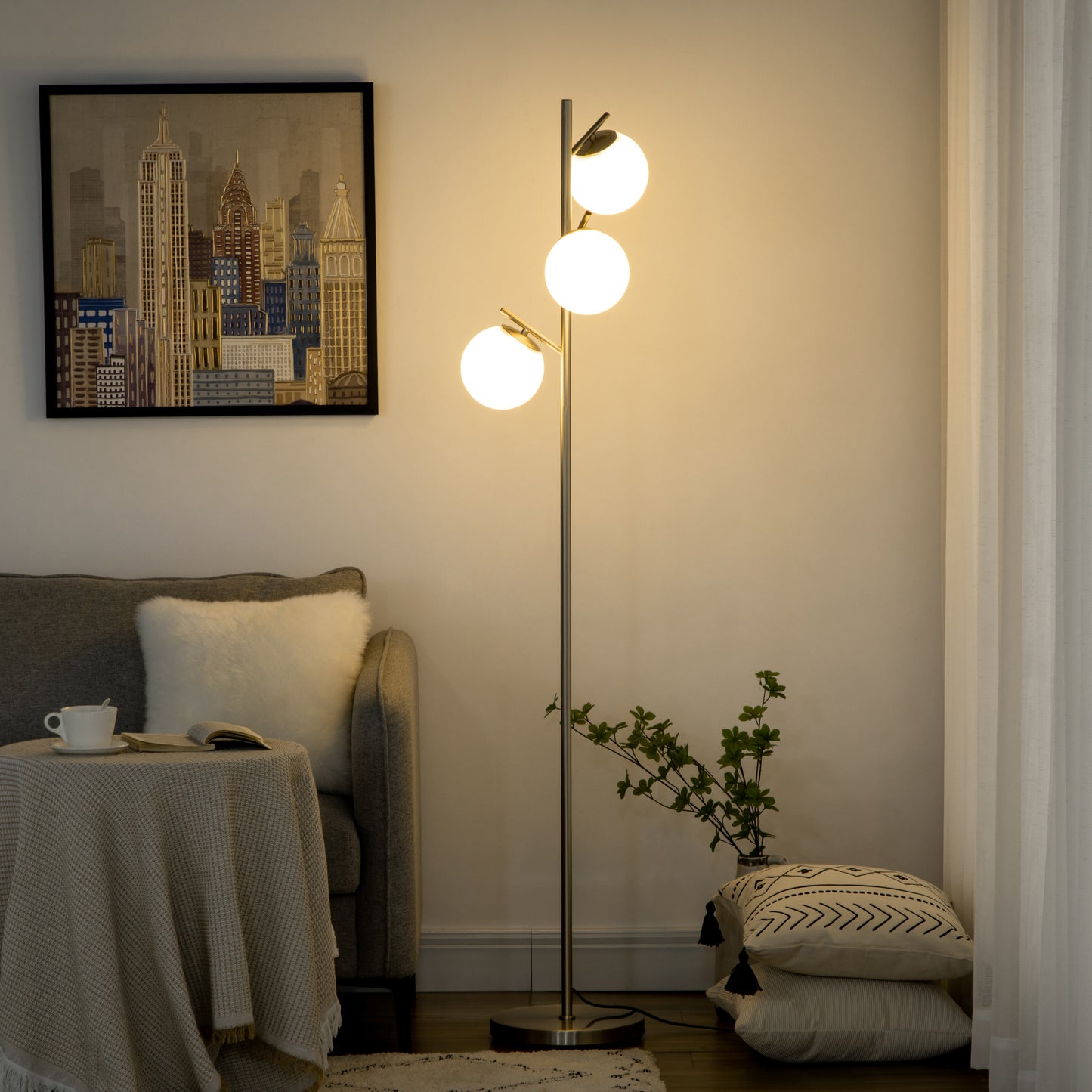 HOMCOM Modern Floor Lamp with 3 Light Points in Steel and Glass, Ø27x159 cm, Silver