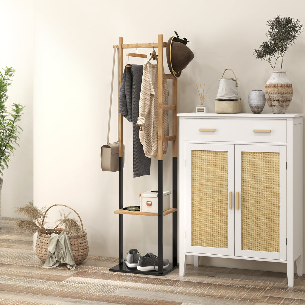 Freestanding Coat Rack with Central Bar, 4 Side Bars, 2 Hooks and 2 Shelves, Wood and Black