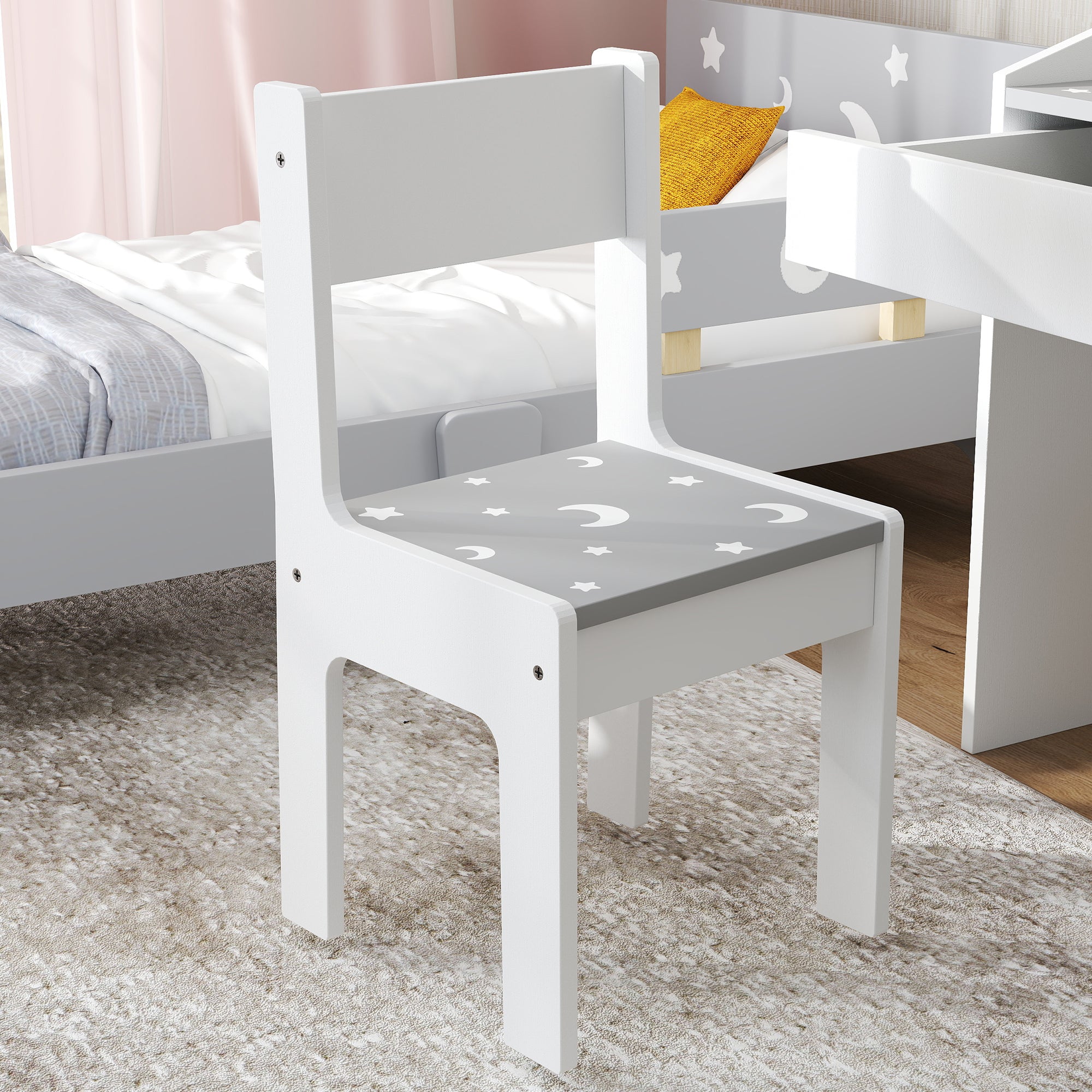 Children's Chair and Table Set for 3-6 Years Old with Organizer and Pull-Out Drawer, Grey Wood