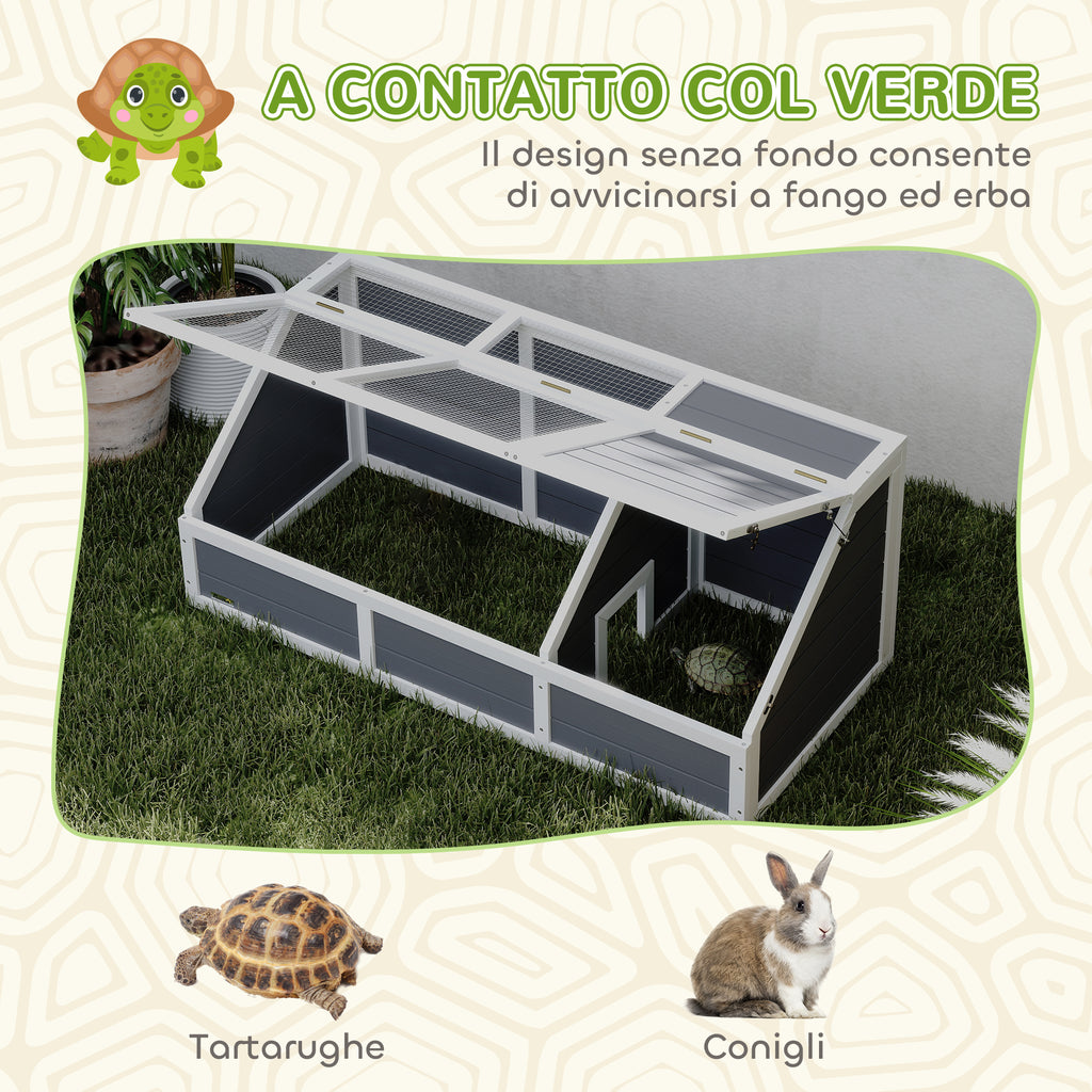 Bottomless Land Turtle House, in Fir Wood and Galvanized Steel, 120x55x50H cm, Gray and White