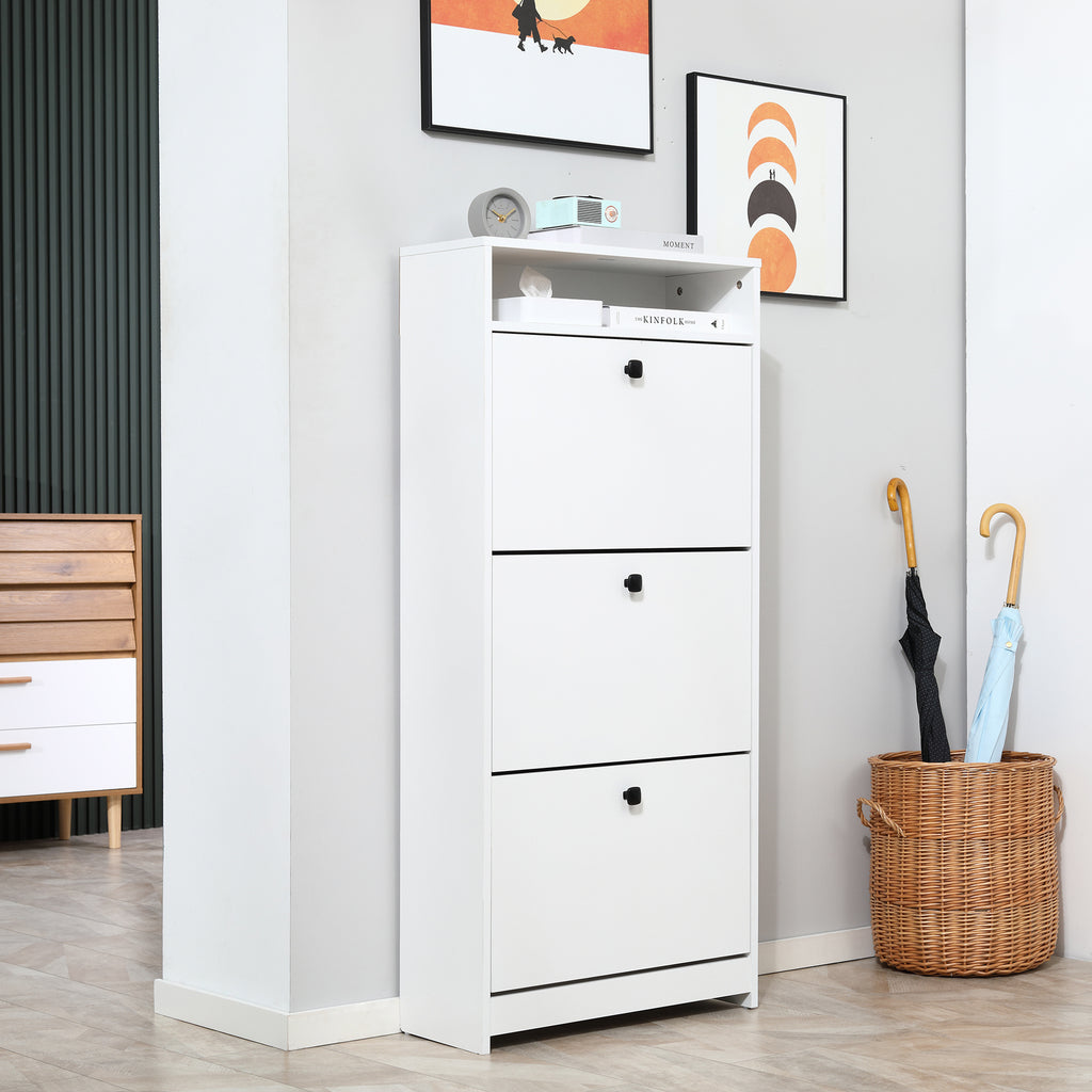 Shoe Rack with 3 Tilt Compartments (18 Pairs of Shoes) and 1 Storage Shelf, White Chipboard, 60 x 24 x 132 cm