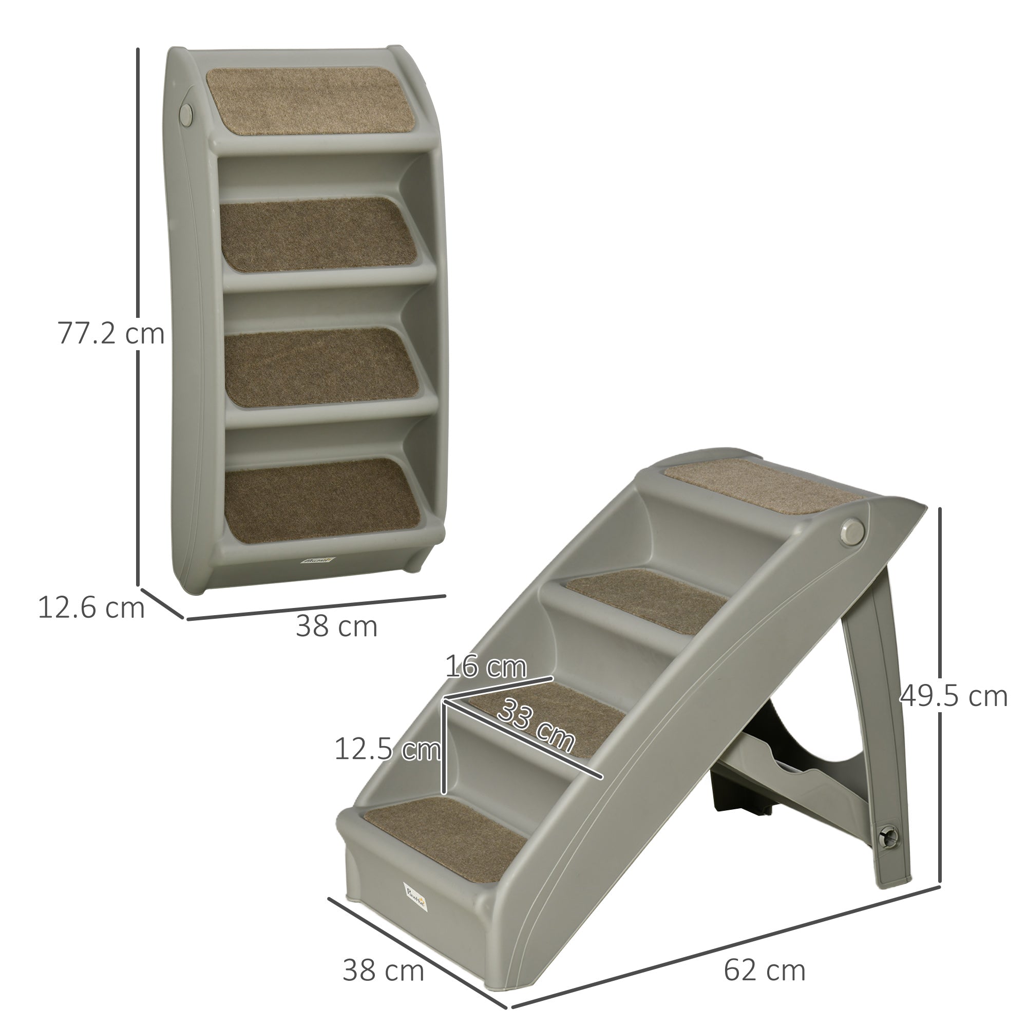 Folding Dog Stairs with 4 Non-Slip Steps, Pet Ladder for Up to 10kg, 62x38x49.5 cm, Grey