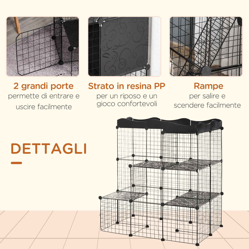 Modular and Multilevel Pet Enclosure with Ramp and 2 Doors in Steel and PP, 105x70x116 cm, Black