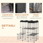 Modular and Multilevel Pet Enclosure with Ramp and 2 Doors in Steel and PP, 105x70x116 cm, Black