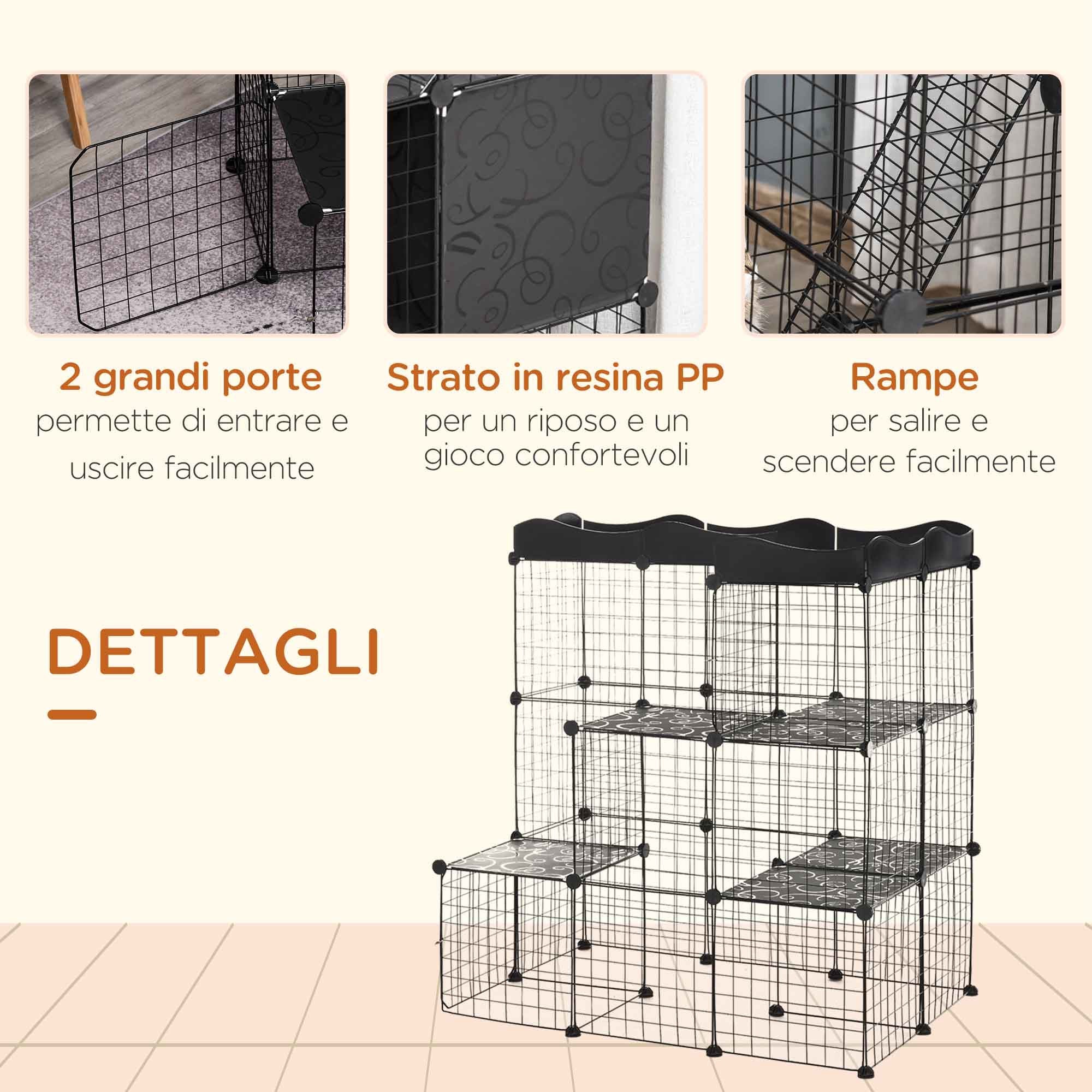 Modular and Multilevel Pet Enclosure with Ramp and 2 Doors in Steel and PP, 105x70x116 cm, Black