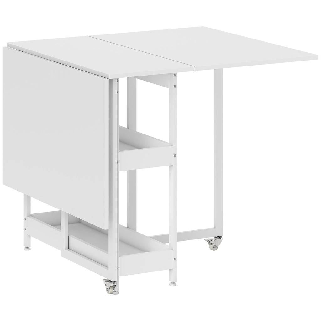 HOMCOM Folding Table with 2 Drop-Leaf Tops for 4 People with 2 Open Shelves, Wood and Metal, 133.4 x 80 x 75 cm, White