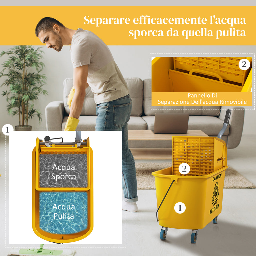 Professional 20L Floor Mop Bucket with Mop, Wringer, Wheels and Handle, 45x26.5x70 cm, Yellow