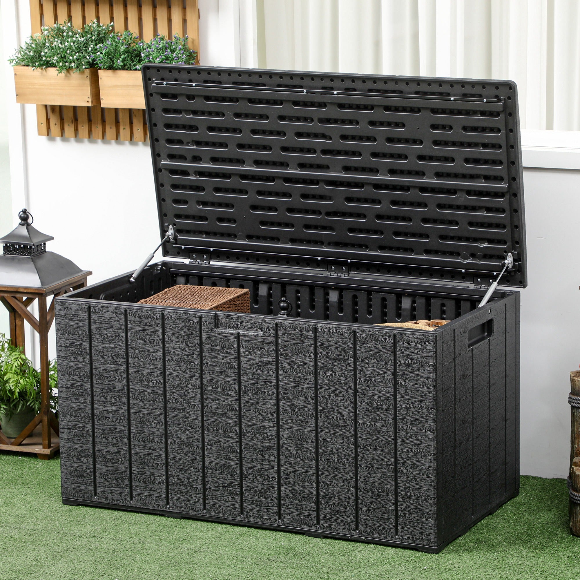 366L Wood Effect Plastic Garden Box, 122.4x62x64.5 cm, Black