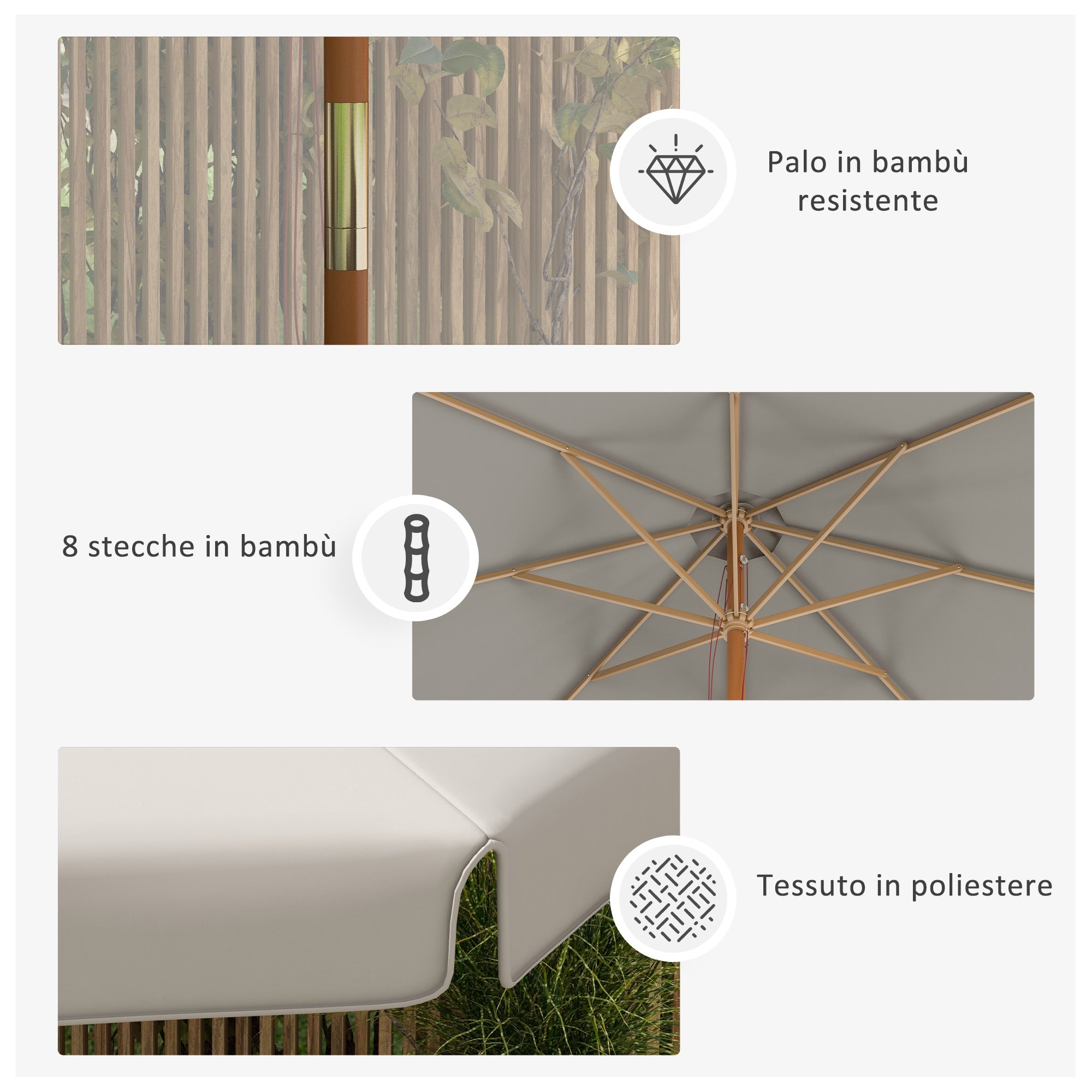 Garden Umbrella with Double Canopy, in Bamboo and Polyester, Ø325x250 cm, Gray