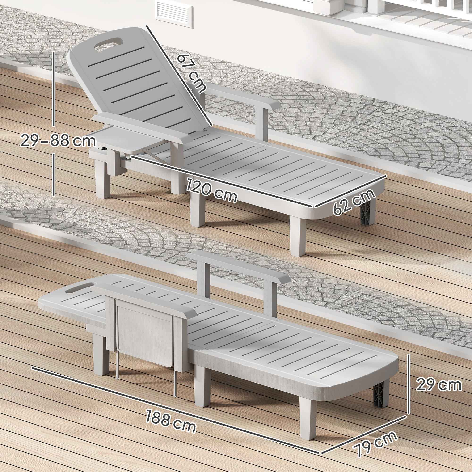 Outsunny Adjustable Garden Lounger with Table and Armrests, in Polypropylene, 79x158x88 cm, Light Grey