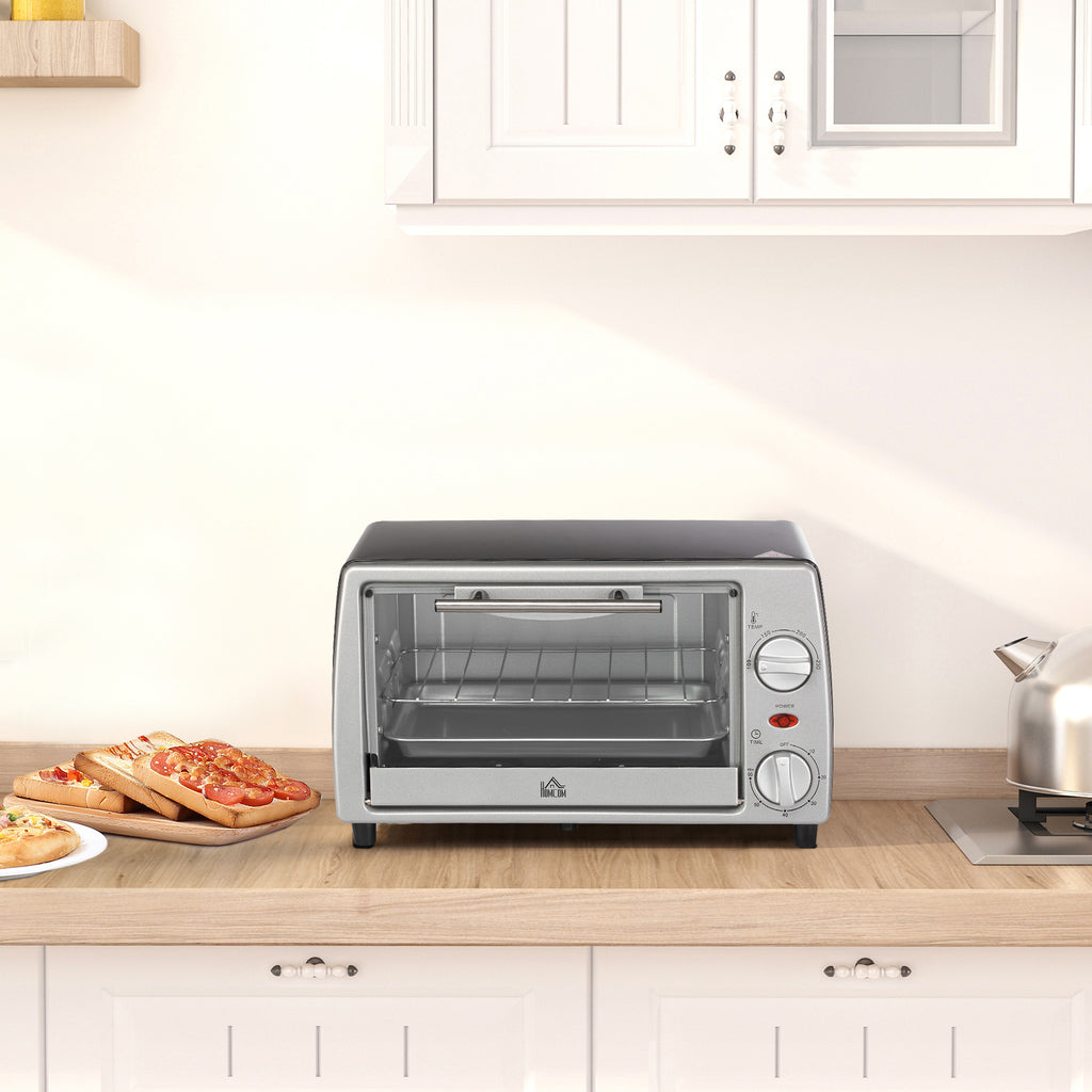 Electric Oven 10L Adjustable Temperature and Timer, Grill and Baking Tray Included, 750W, 36.5x26x22cm, Silver Black - Borgè