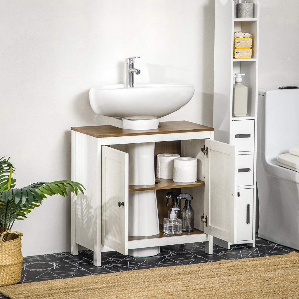 Bathroom Vanity Cabinet in Wood with Adjustable Internal Shelf, 60x30x60 cm, White and Walnut Color
