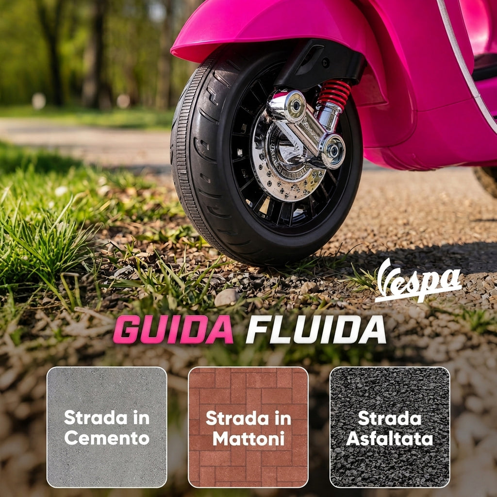 AIYAPLAY Licensed Children's Electric Motorcycle Vespa with Training Wheels, Headlight and Music, Made of PP and Metal, 107x47x73 cm, Pink