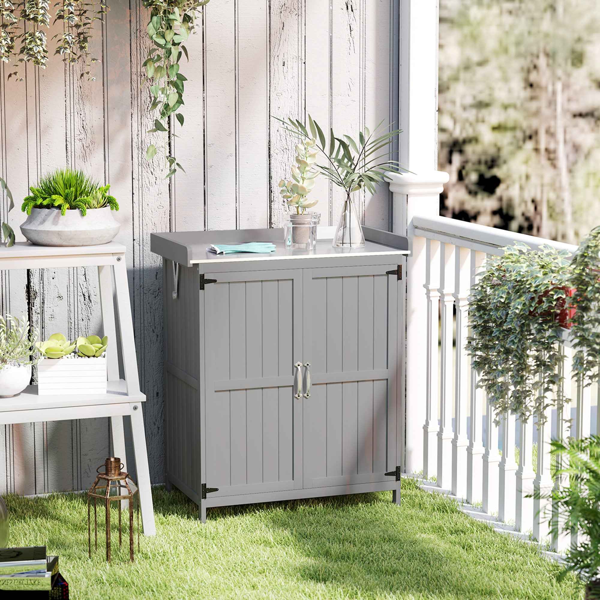 Outsunny Outdoor Storage Cabinet, Wooden Tool Shed with Shelf, with 2 Doors for Garden, Patio, Grey