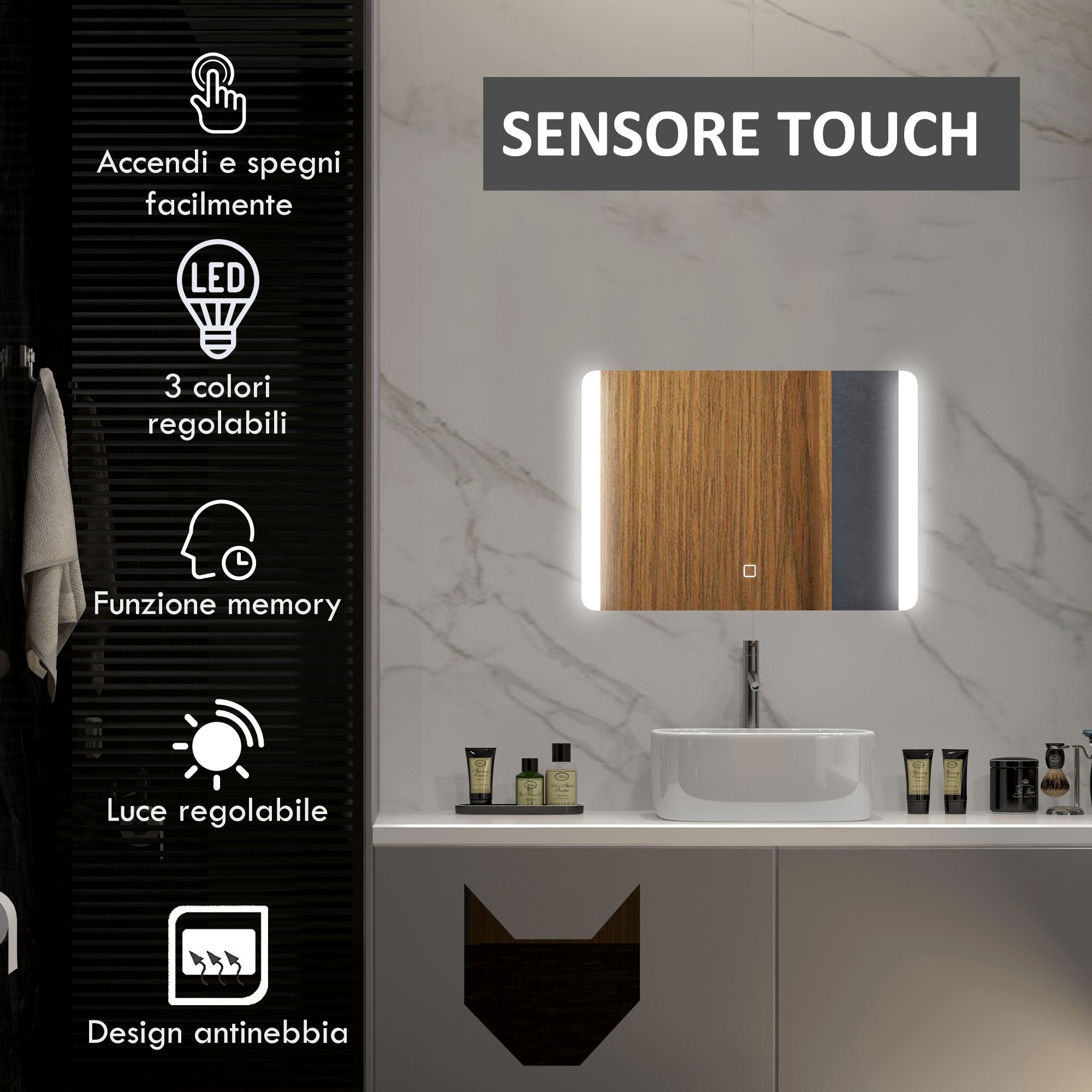 Bathroom Mirror with 3 Temperature LED Light, Touch Switch and Anti-fog, 70x50cm