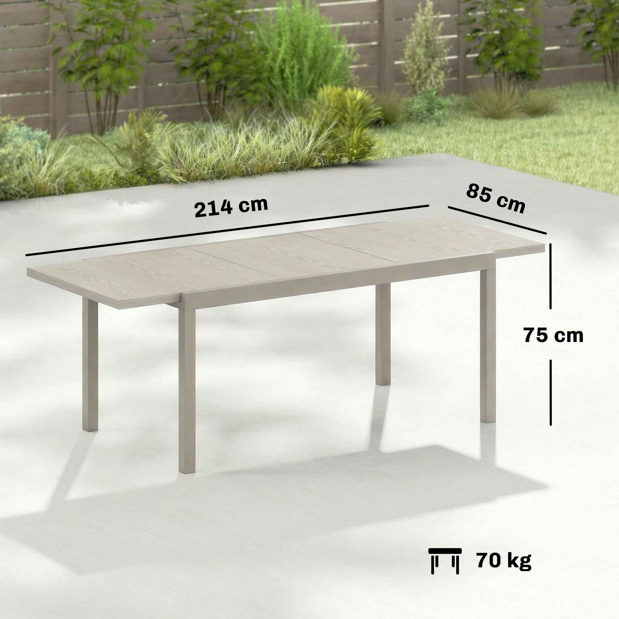 Extendable Garden Table for 8-10 People, in Aluminum and Steel, 154/214x85x75 cm, Light Gray