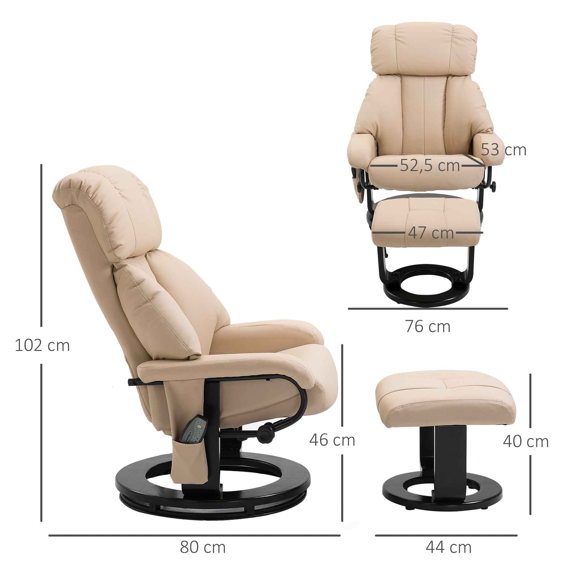HOMCOM Reclining Massage Relaxing Chair with Footrest and Remote Control, 76x80x102 cm Cream