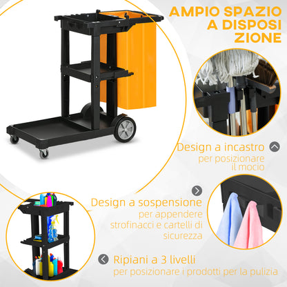 3-Shelf Cleaning Trolley with Hooks and 100L Bag, 121x50.5x96.5 cm, Black, Yellow and Gray