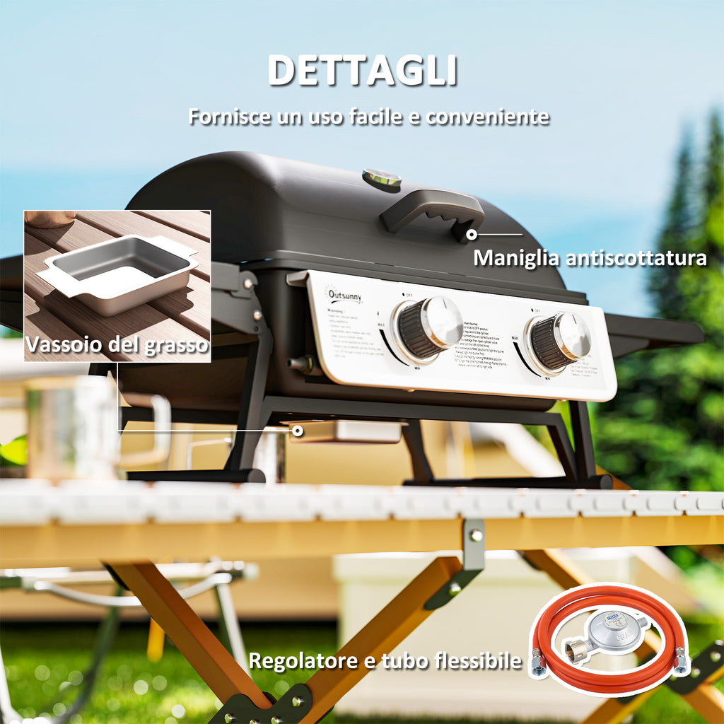 Portable Gas Grill with 2 Burners and Lid with Thermometer, Black