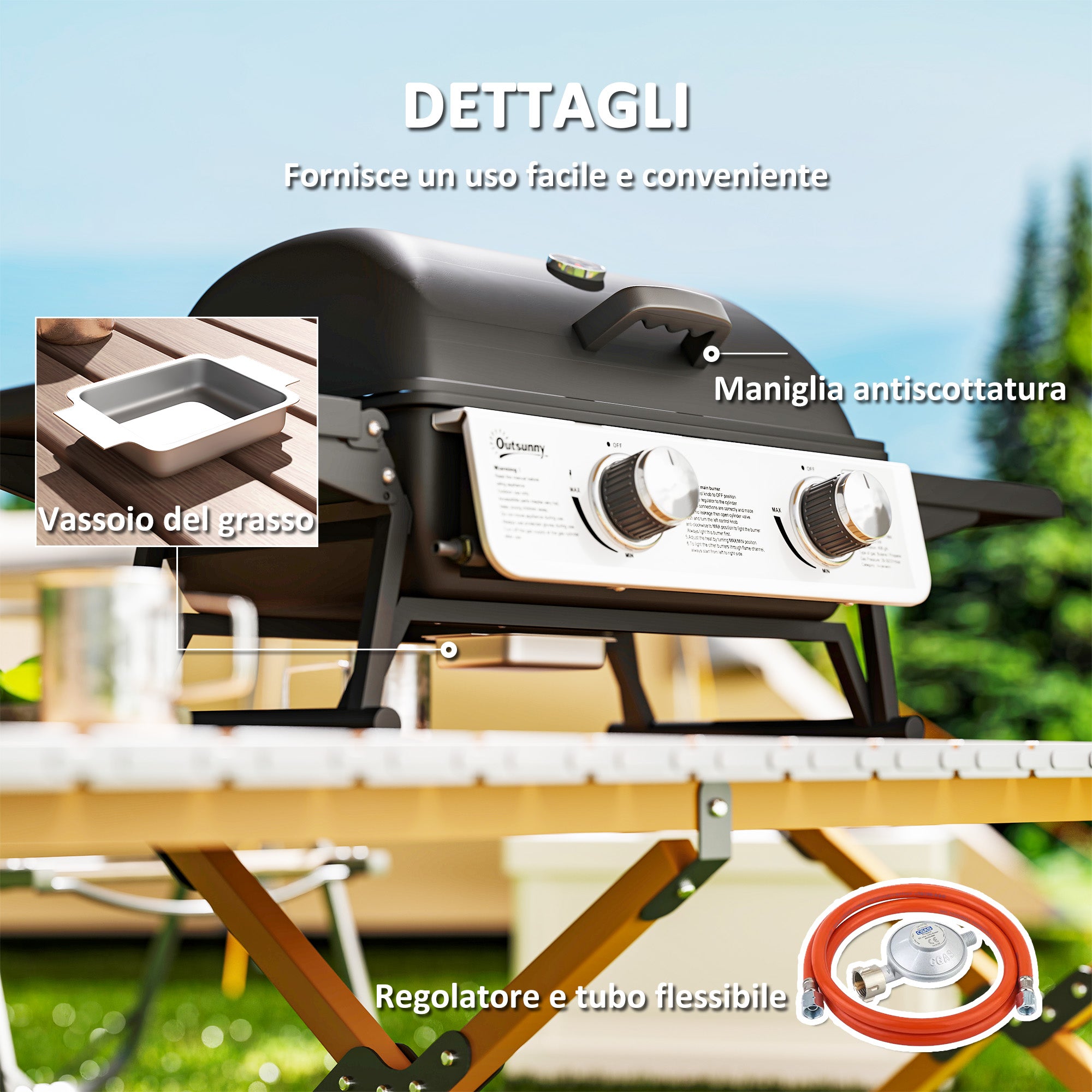 Portable Gas Grill with 2 Burners and Lid with Thermometer, Black