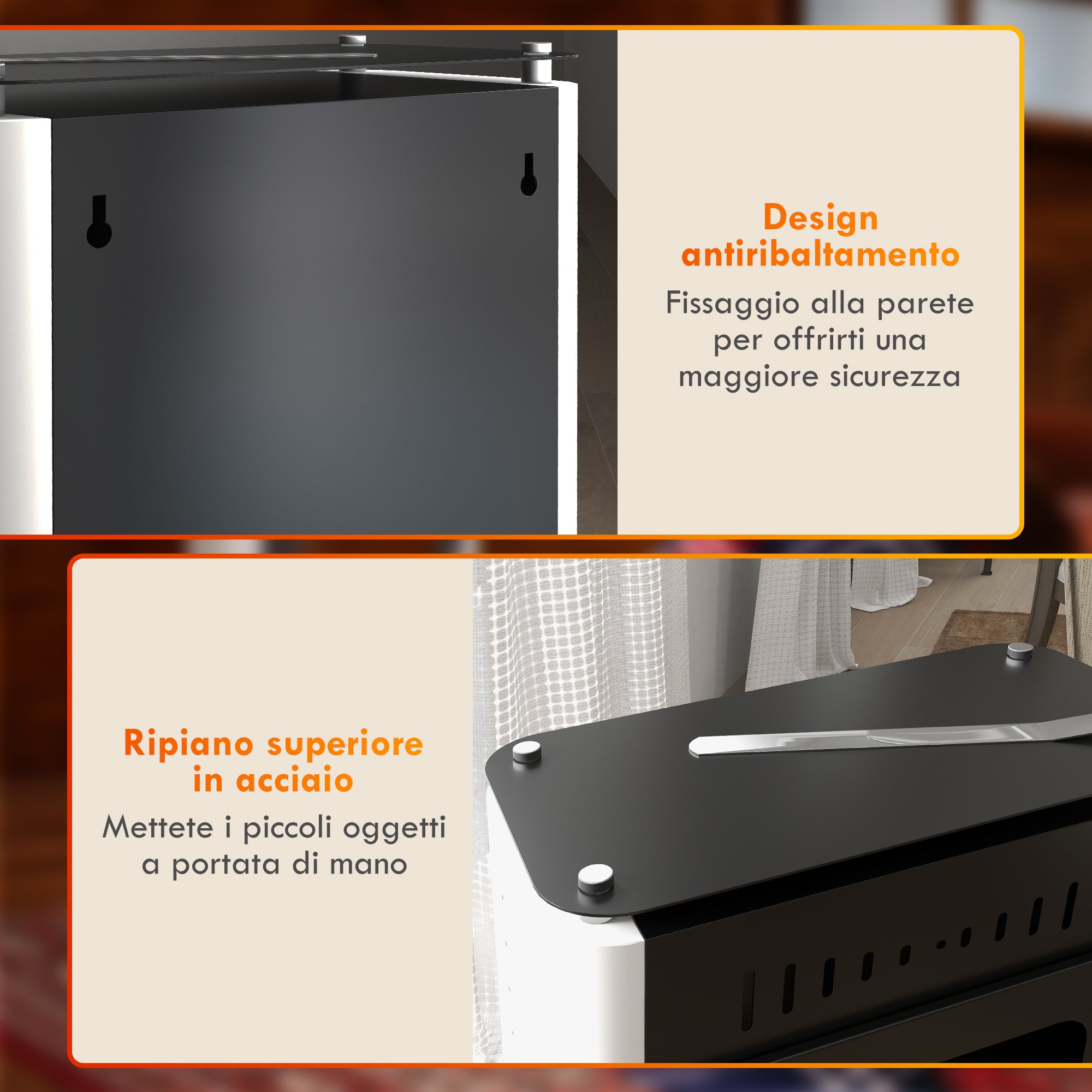 1.2L Floor-Standing Bioethanol Fireplace with Top Shelf, Steel, 50x27x82 cm, White and Black