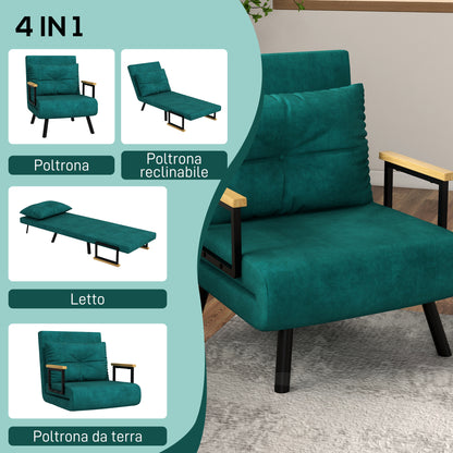 Velvet Green, 3 in 1 Sofa Bed with 5-Position Reclining Backrest and Cushion, 63x73x81 cm, Green