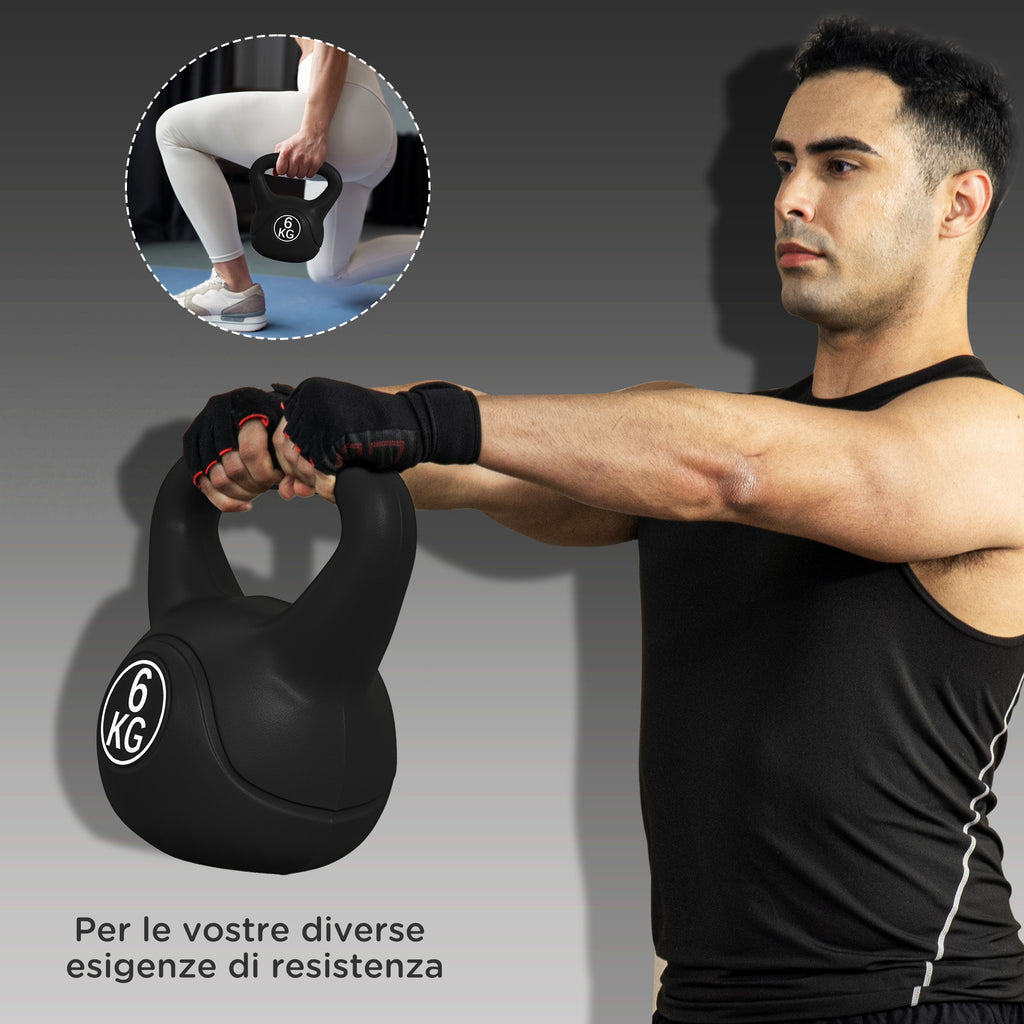 Kettlebell 6kg in Plastic and Sand with Flat Base and Handle, 20x13x22 cm, Black