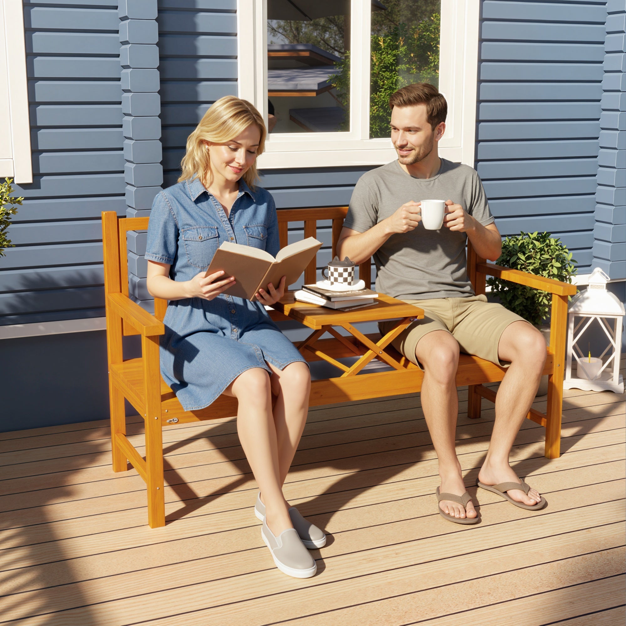 Outsunny Garden Bench with Liftable Central Table and Armrests, Wooden, 153x56x91 cm, Light Brown