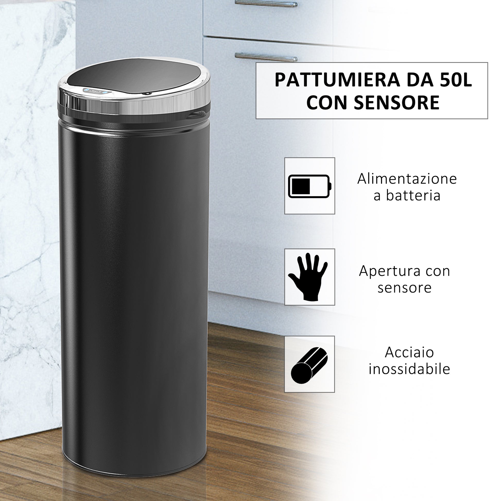 HOMCOM Automatic Dustbin with Infrared Sensor and 50L Capacity, Stainless Steel and Plastic, Black, 30.5x30.5x81.5cm - Borgè