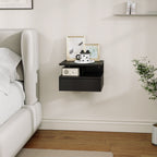 Floating Nightstand for Bedroom with Drawer and Wooden Shelf, 35x32x22.5cm, Black