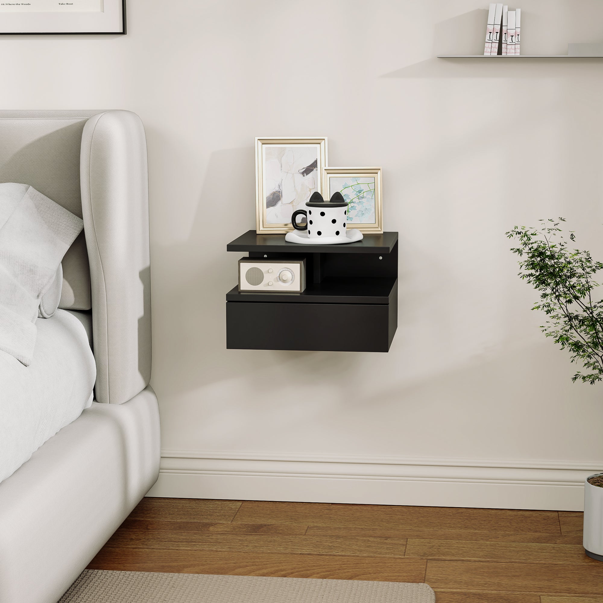 Floating Nightstand for Bedroom with Drawer and Wooden Shelf, 35x32x22.5cm, Black