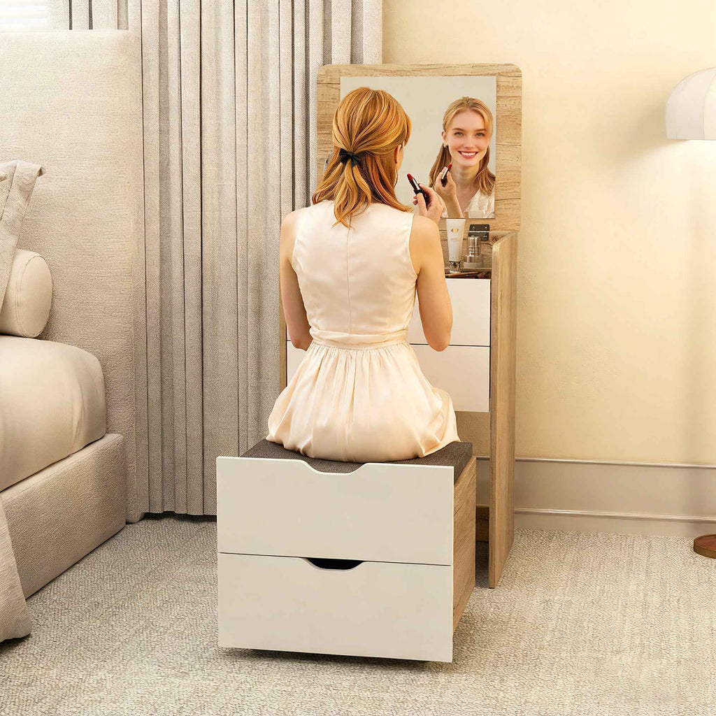 HOMCOM 3-in-1 Dressing Table with Mirror, Storage, 2 Drawers and Stool, Wooden, 50x40x78 cm, White and Oak