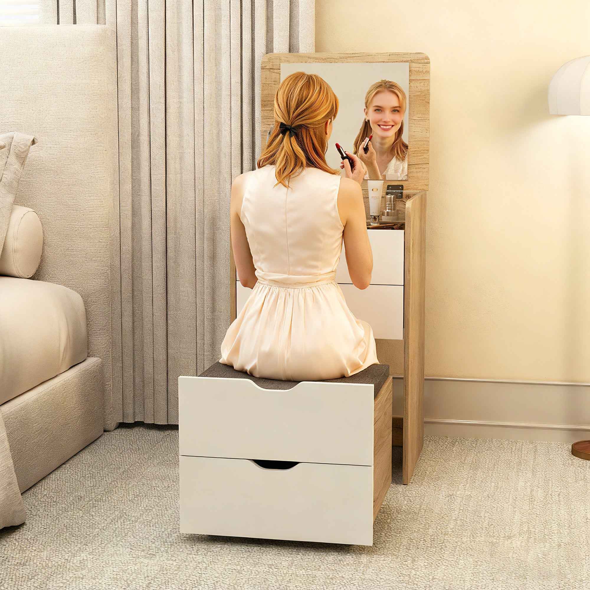 HOMCOM 3-in-1 Dressing Table with Mirror, Storage, 2 Drawers and Stool, Wooden, 50x40x78 cm, White and Oak