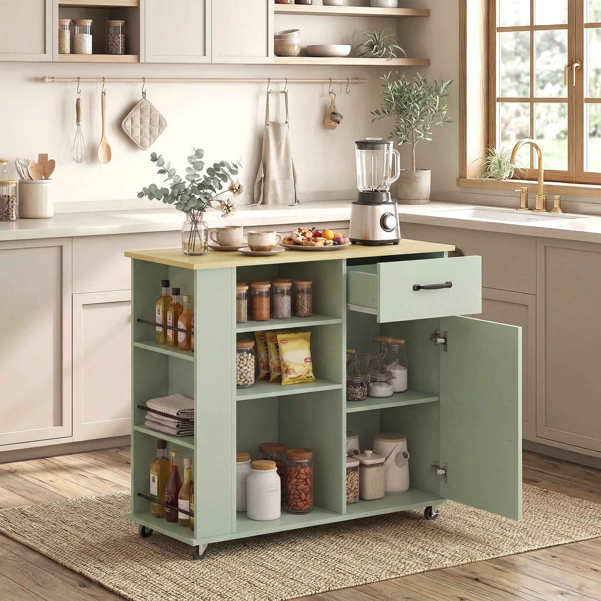 HOMCOM Kitchen Cabinet with Drawer, Cabinet and Adjustable Shelf, Light Green