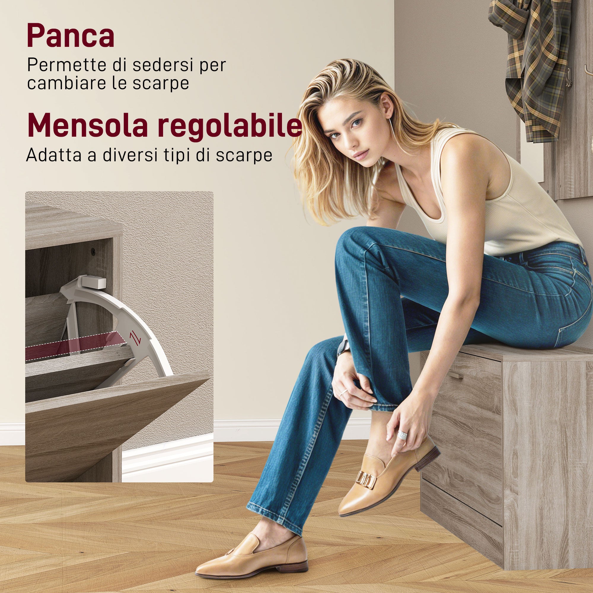 3 Piece Entryway Set with Shoe Rack, Coat Rack and Mirror, in Wood and Glass, Wood and White