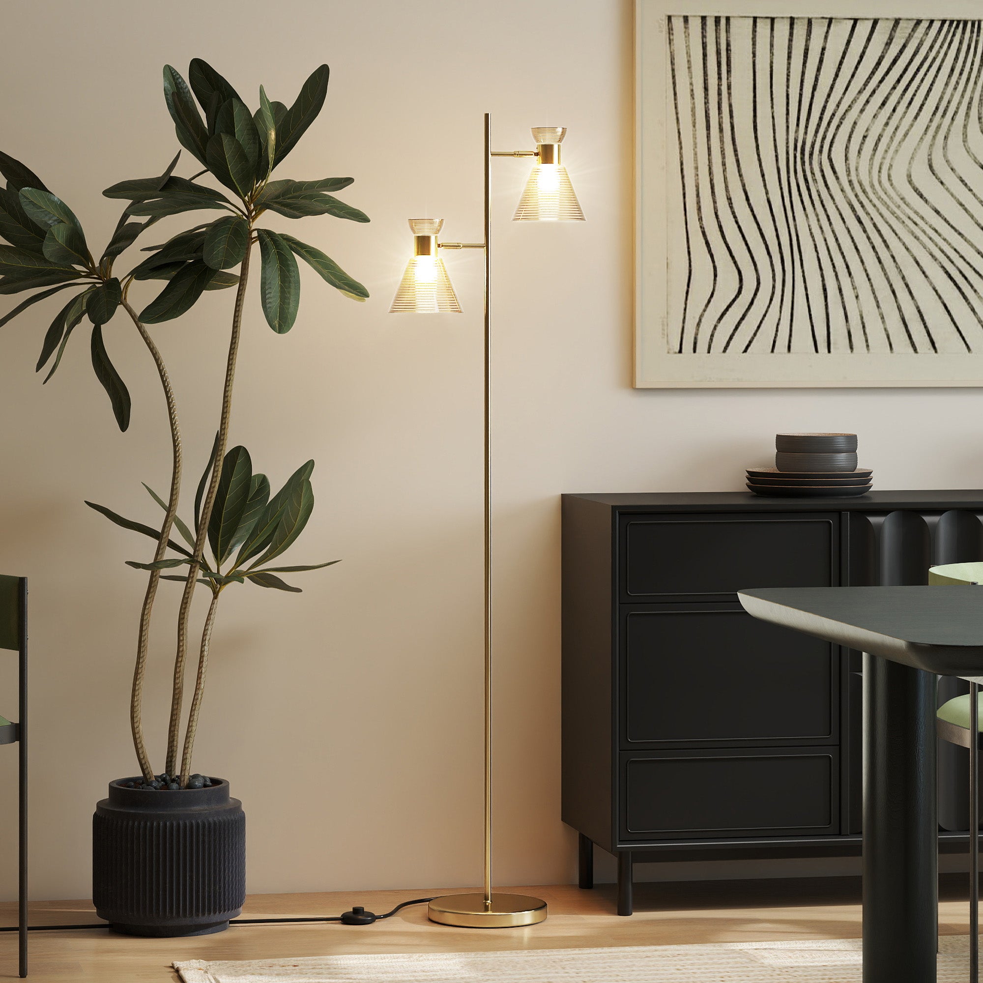 Modern Floor Lamp with 2 Lights and Adjustable Heads, Foot Switch, Gold