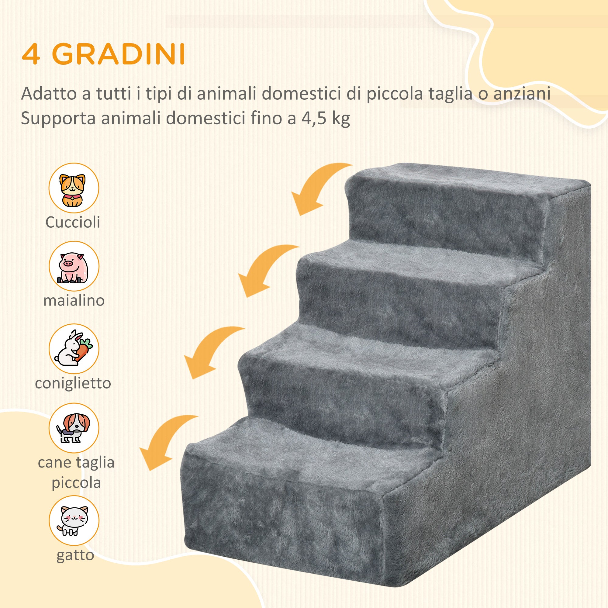 Portable 4-Step Dog Stairs, Removable Flannel and Chipboard, 60x35x44 cm, Grey