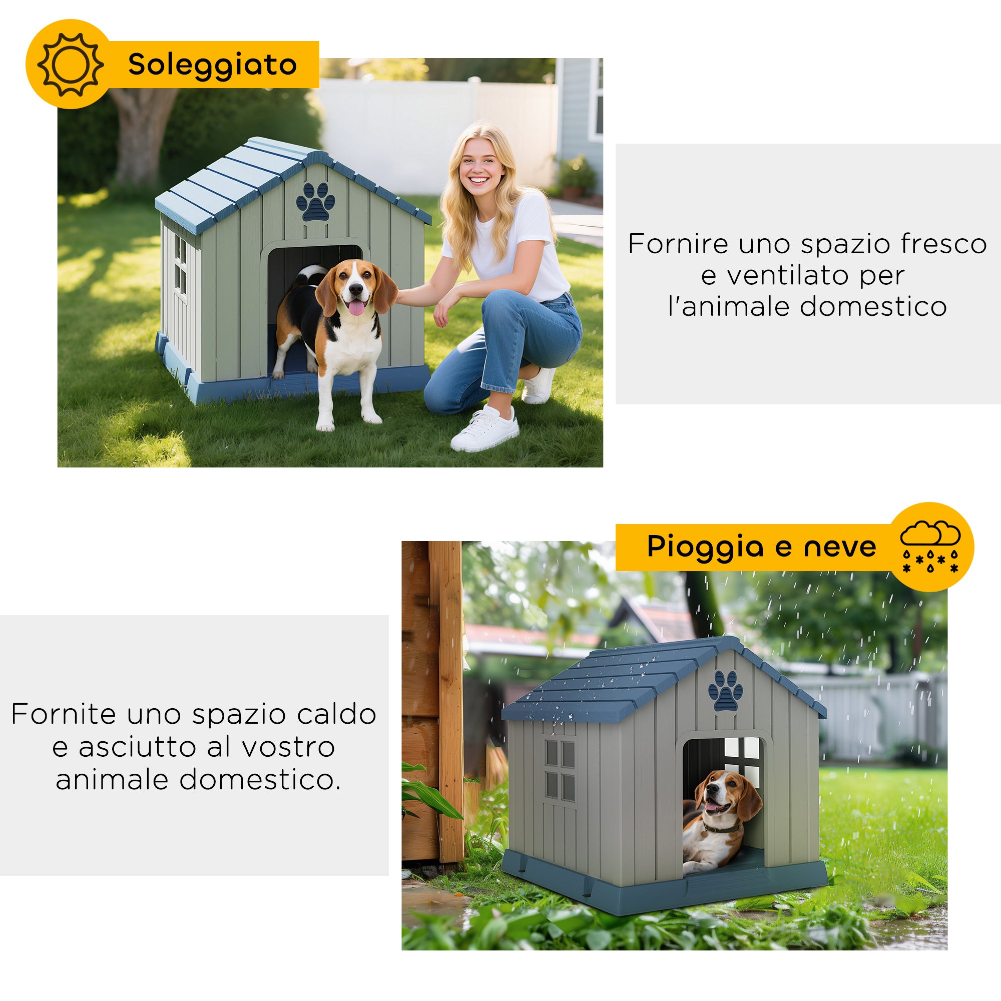 Waterproof Outdoor Dog House for Medium Dogs with Raised Base and Windows, 85x79x82 cm, Grey