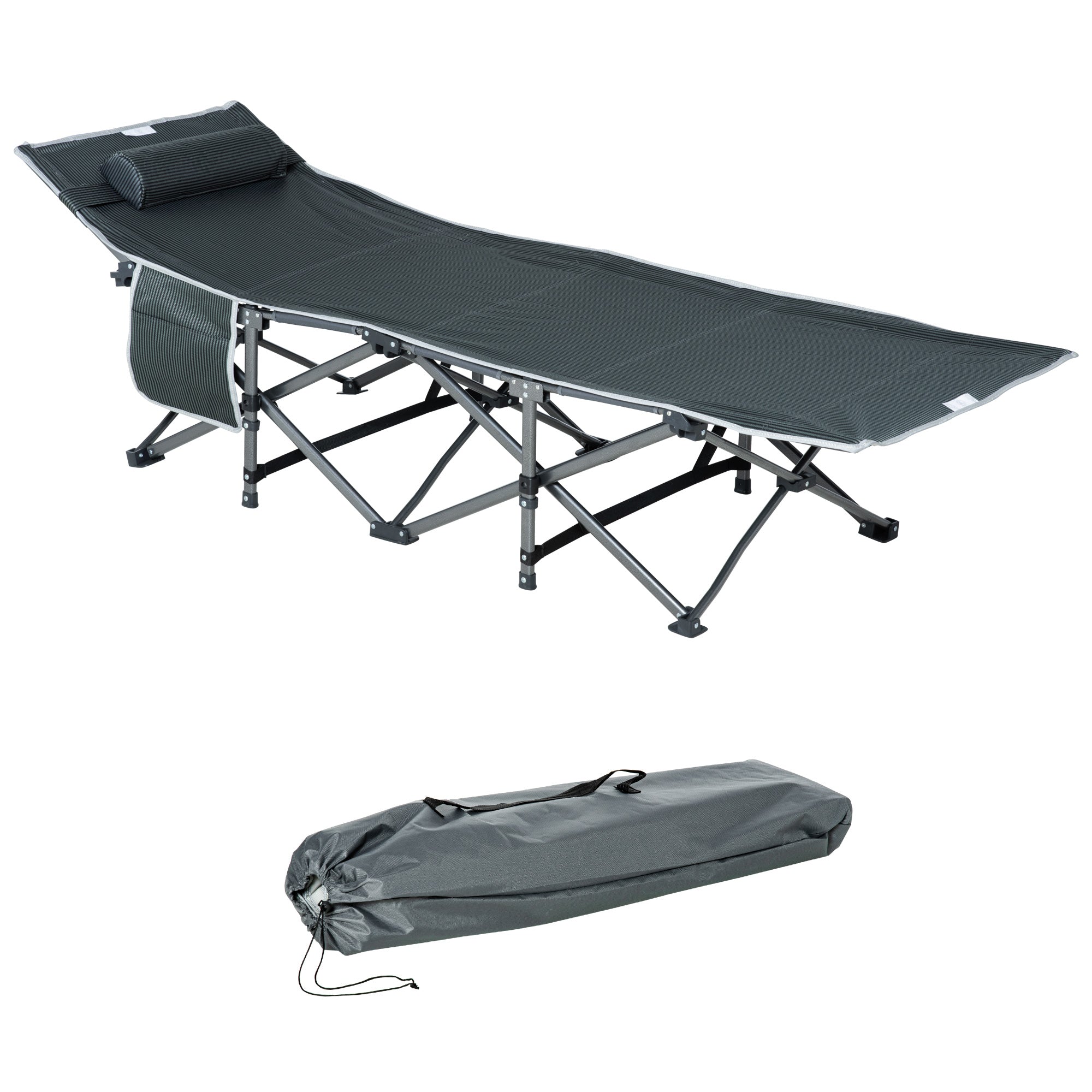Folding and Padded Camping Cot with Storage Pocket, 188x64.5x53 cm, Gray