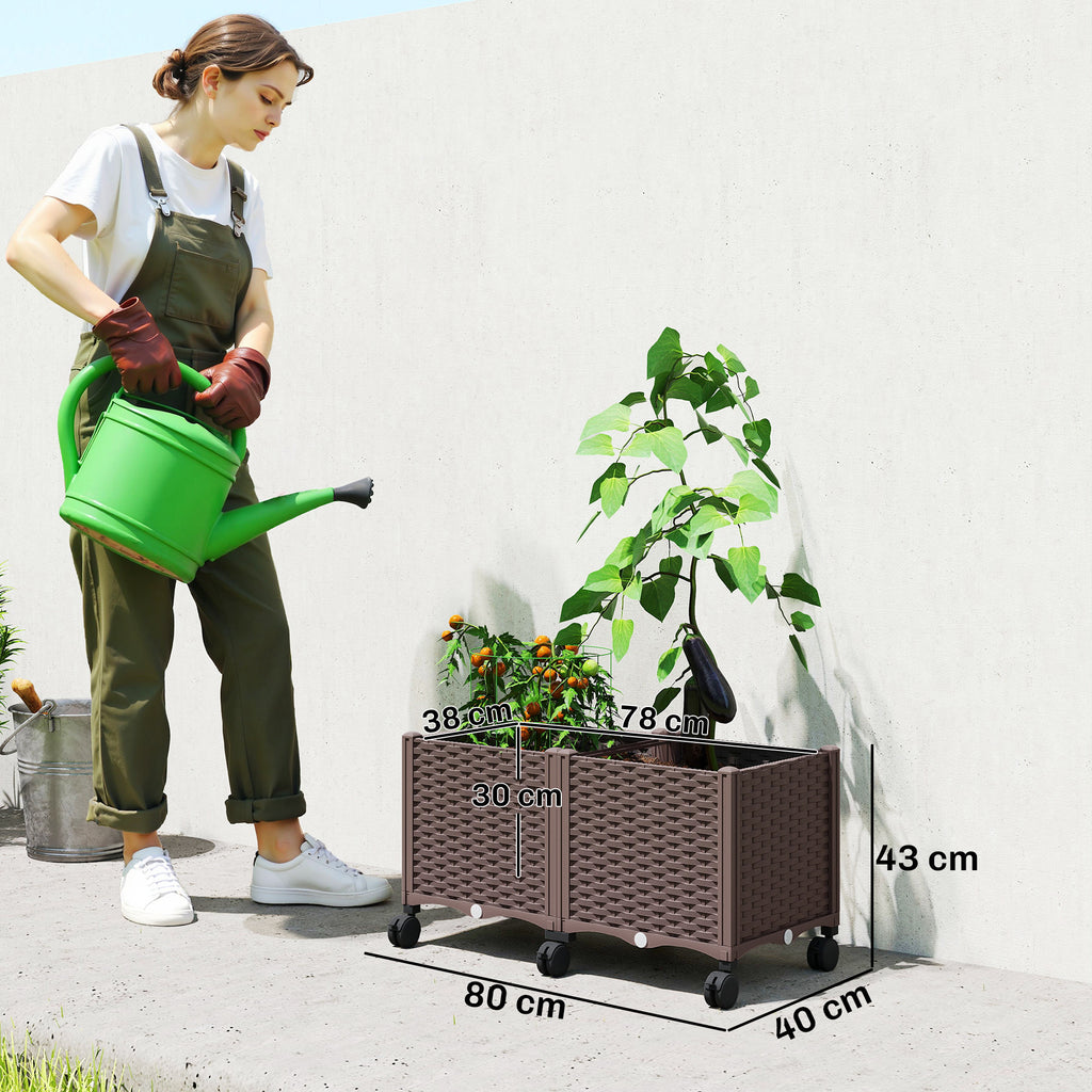 Outsunny 85L Raised Planter with Lockable Wheels, Self-Watering and Drainage Holes, Brown