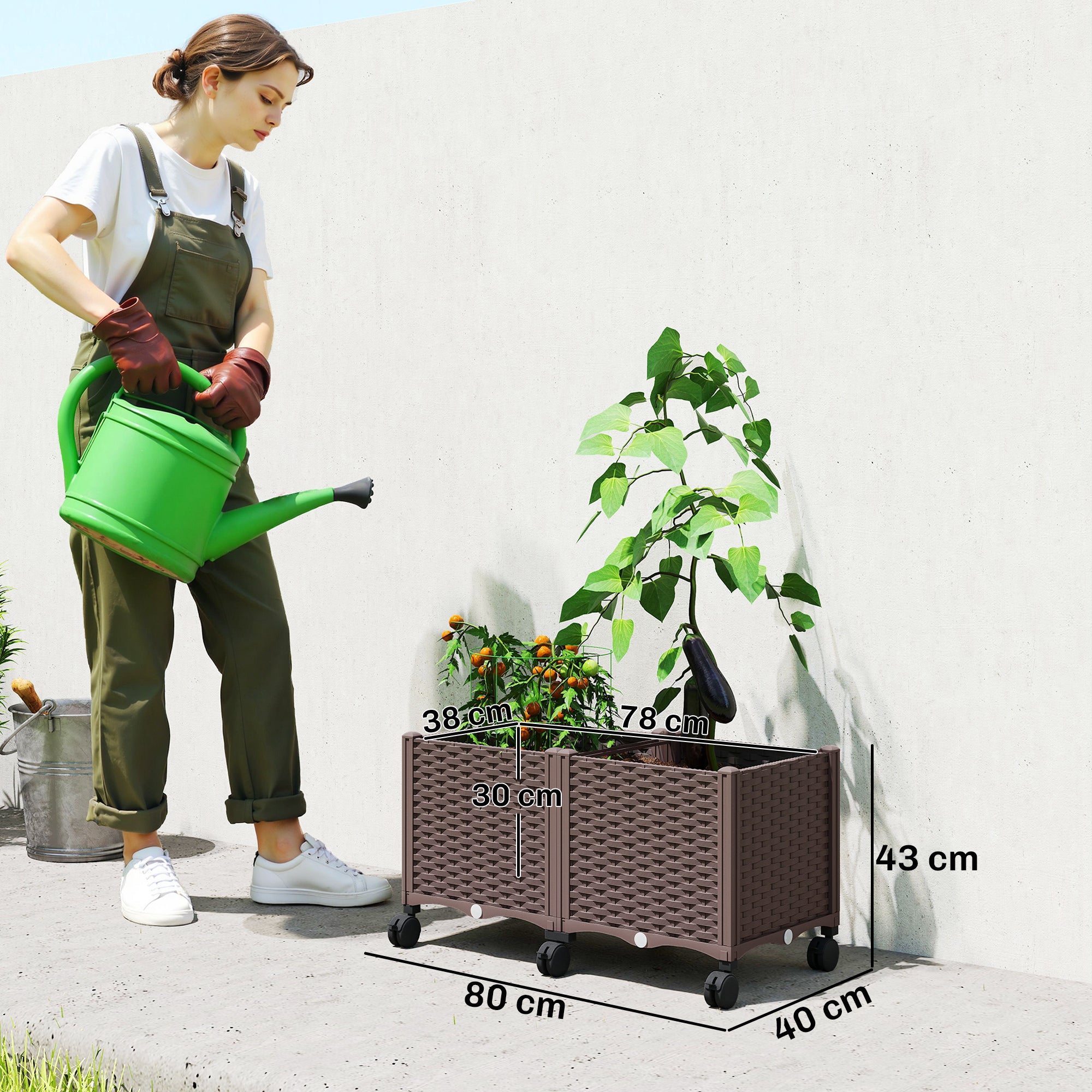 Outsunny 85L Raised Planter with Lockable Wheels, Self-Watering and Drainage Holes, Brown