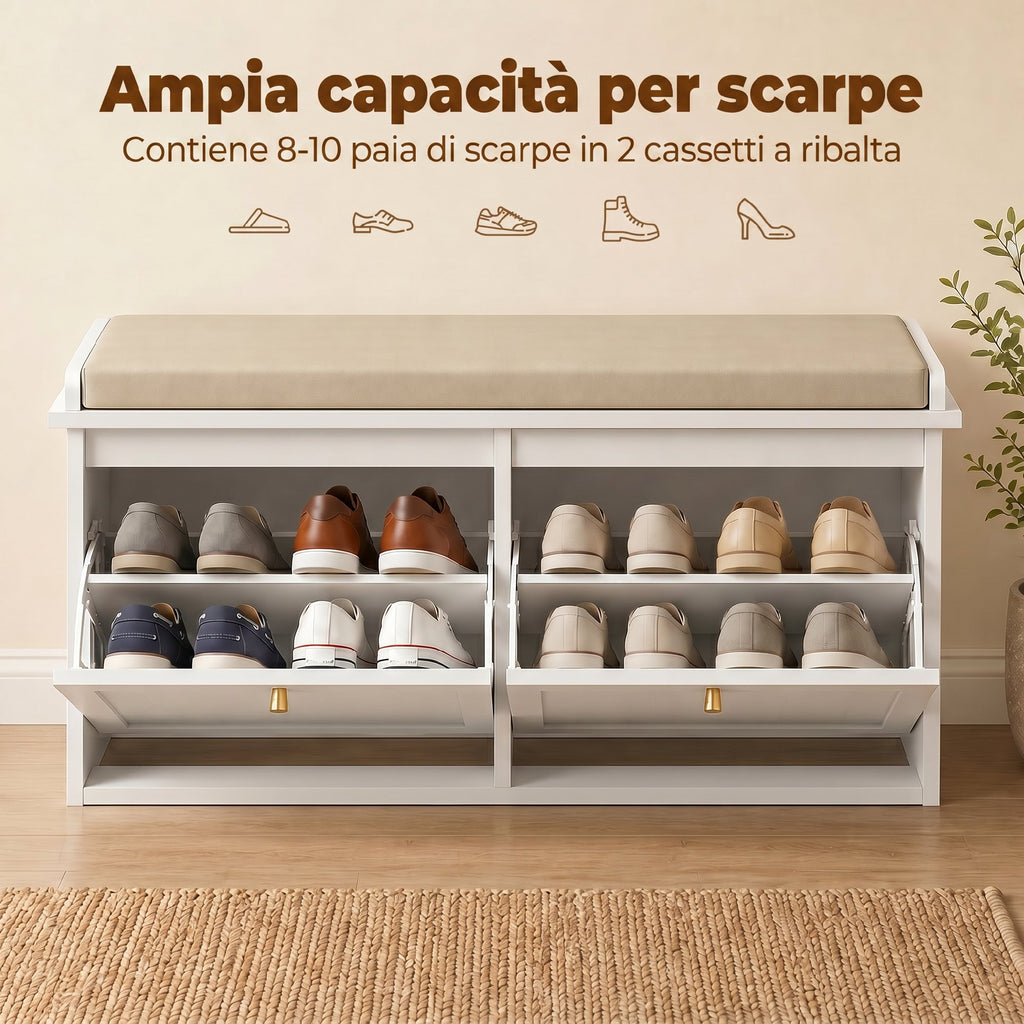HOMCOM Shoe Bench with Padded Cushion, 2 Folding Drawers for 8-10 Pairs of Shoes, White