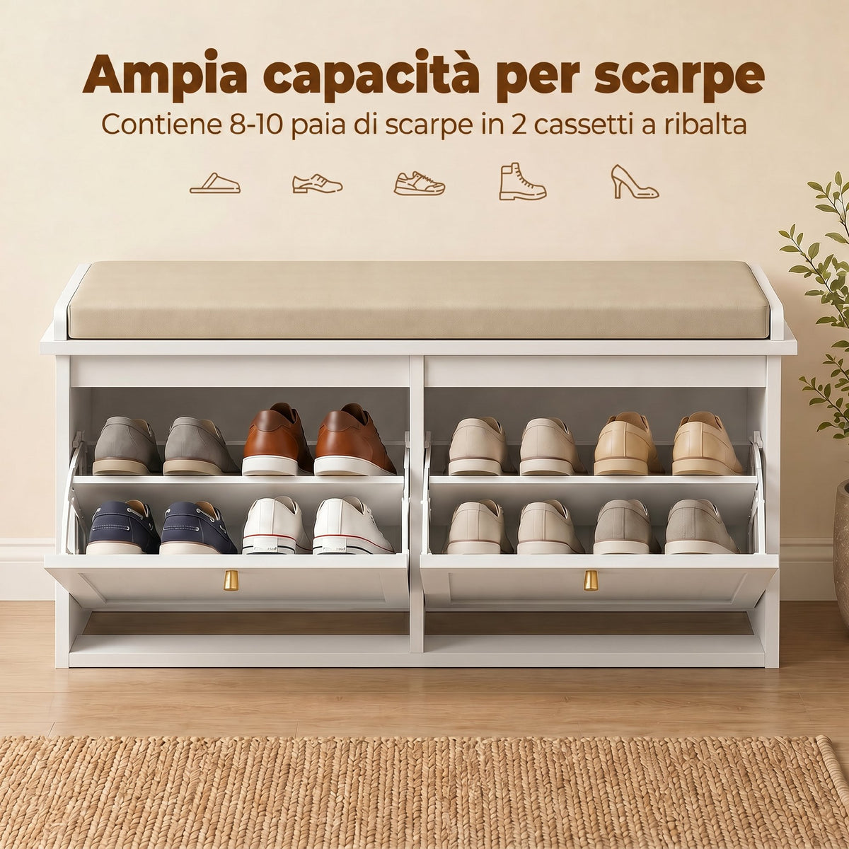 HOMCOM Shoe Bench with Padded Cushion, 2 Folding Drawers for 8-10 Pairs of Shoes, White