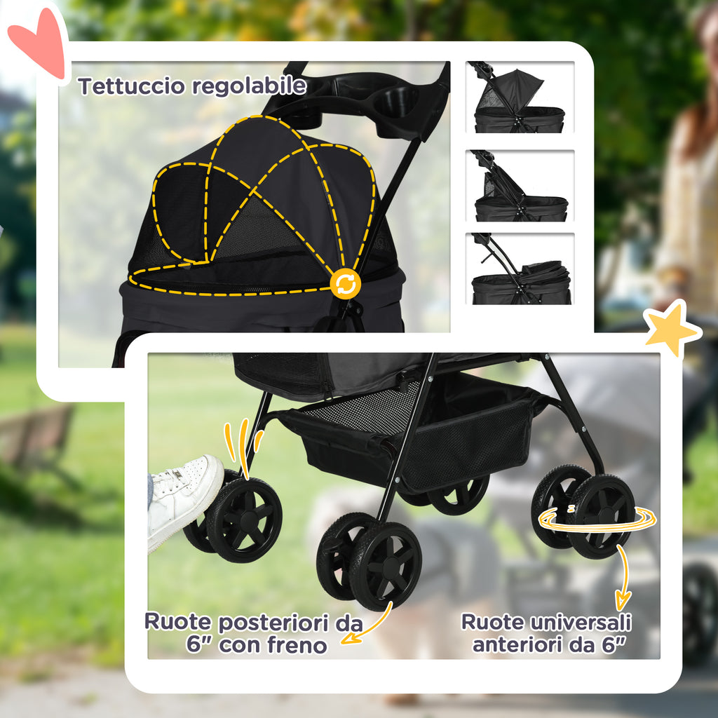 Foldable Dog Stroller with Safety Leash and Basket, Black