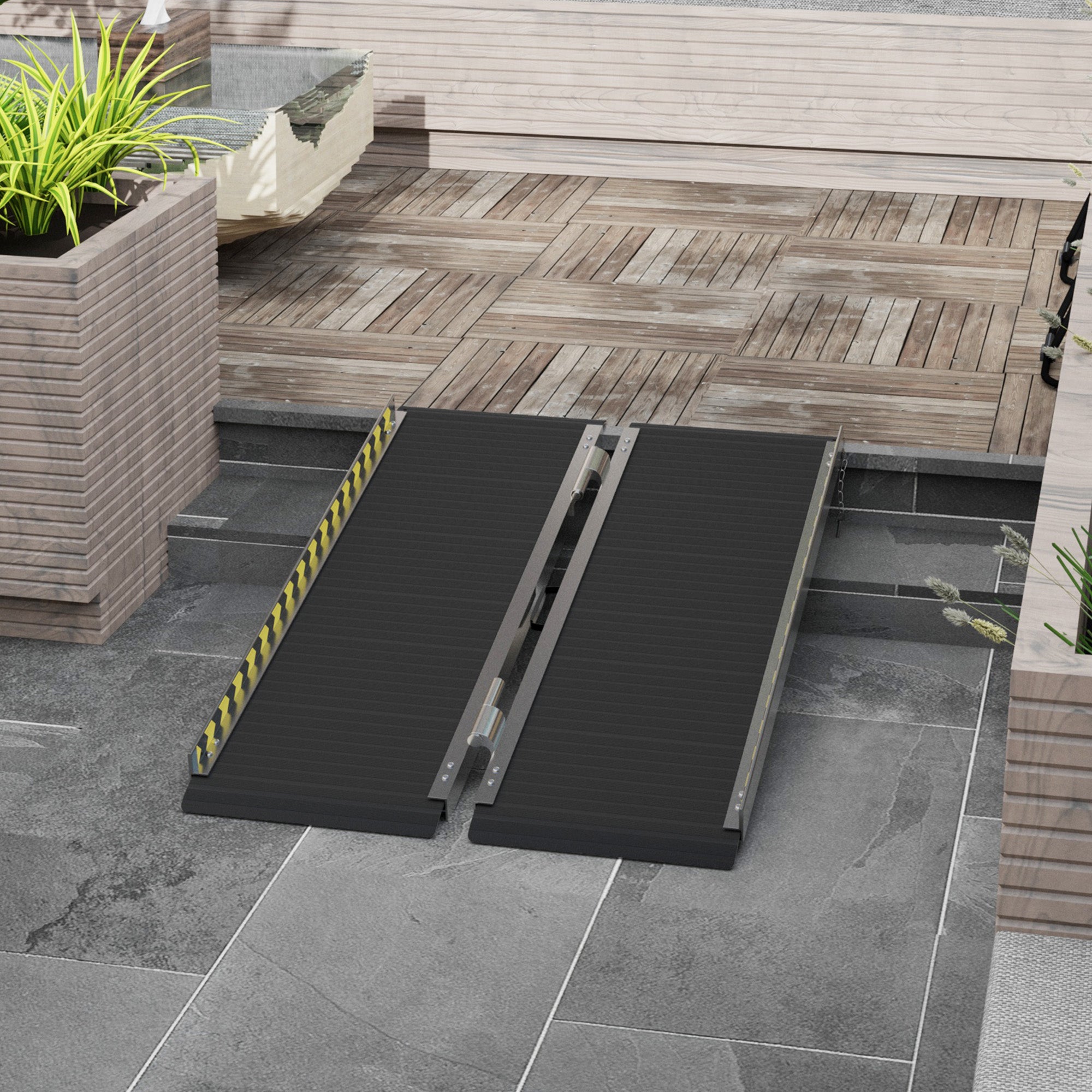 Folding Aluminum Wheelchair Ramp with Deflectors and Stickers, 122 x 73.6 x 5.1 cm, Black