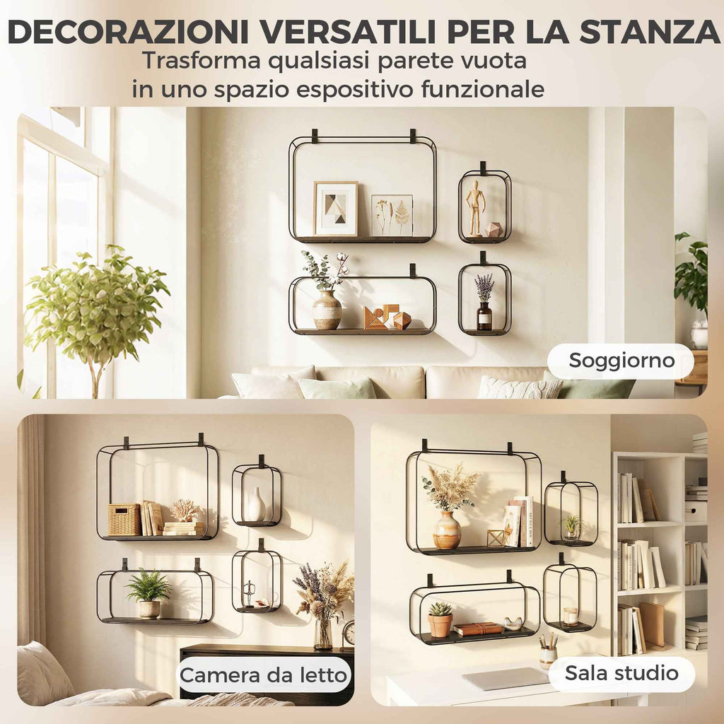 HOMCOM Geometric Floating Shelves for Living Room, Set of 4, Black